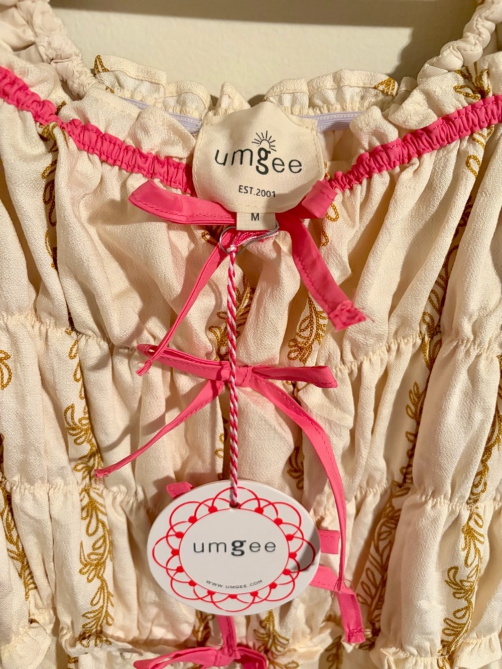 NWT Umgee Cream Dress w Pink & Gold Sz M Bows Cottagecore Boho Milkmaid Romantic - Picture 3 of 11